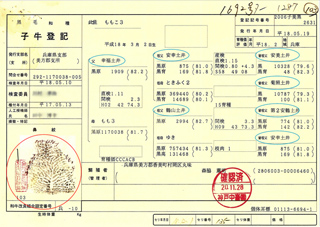 画像:子牛登記証明書